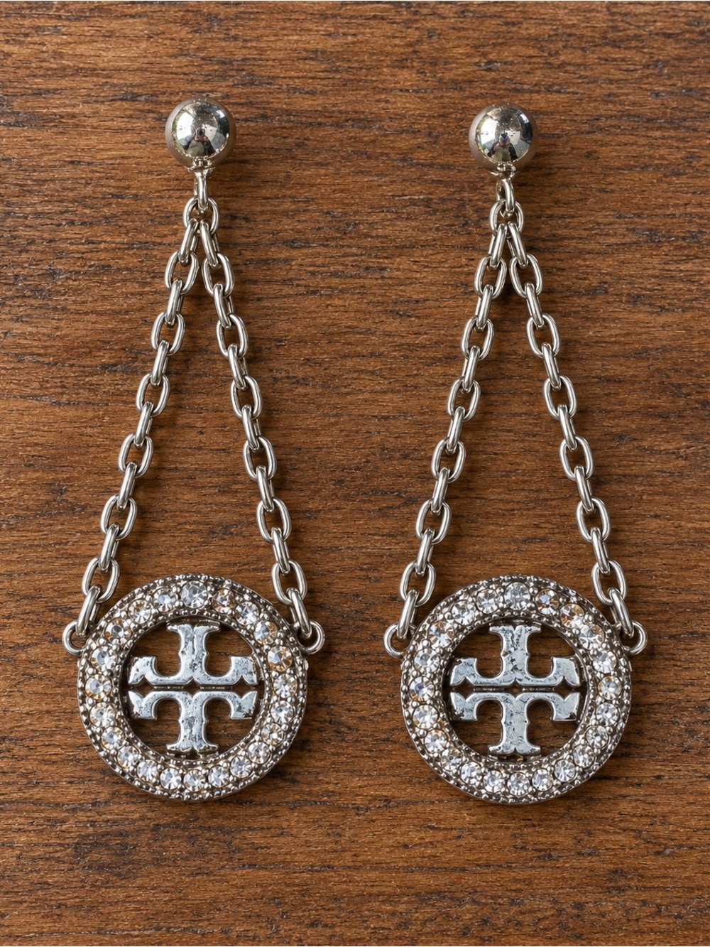 Tory Burch Miller Pavé Drop Chain Earrings – Silver Tone & Crystal
